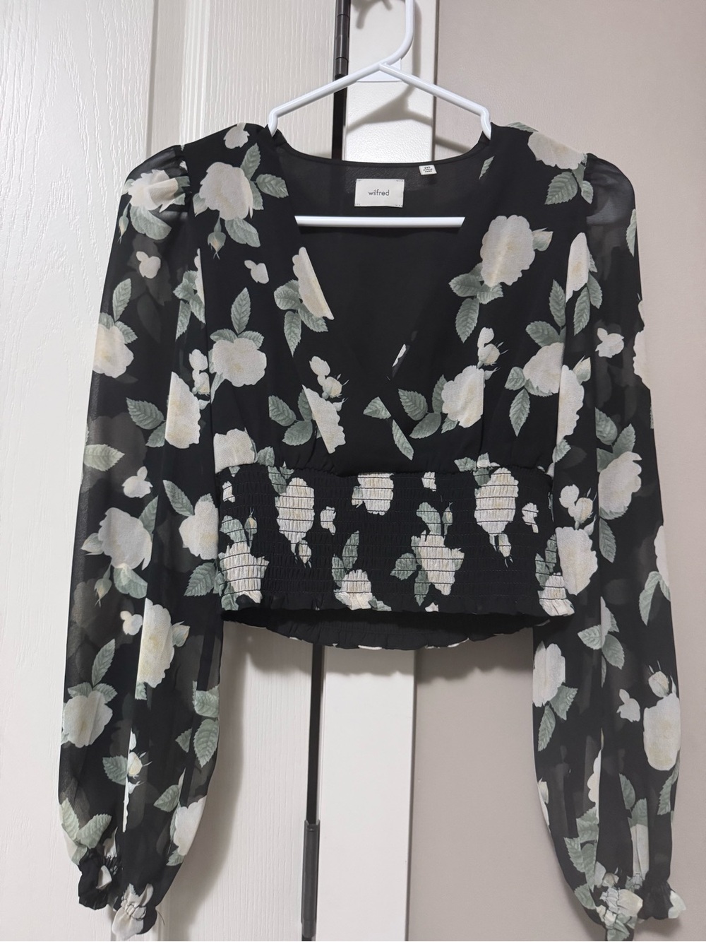 USED ONCE. Wilfred Black Floral V-Neck Smocked Crop Top